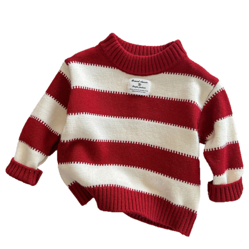 Pulover tricotat pentru copii, în dungi, gros, 90% bumbac, guler rotund, mâneci lungi