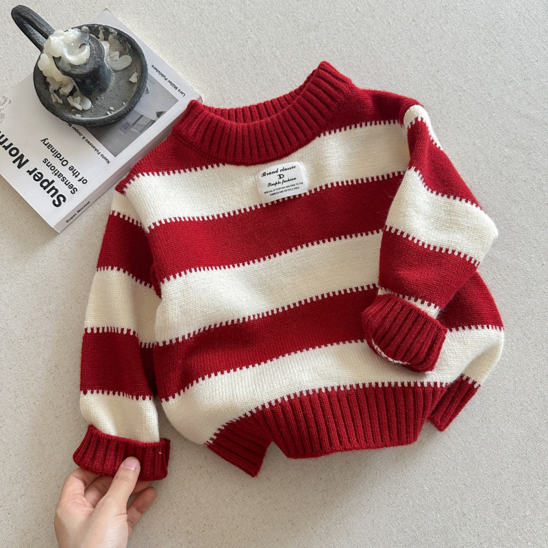 Pulover tricotat pentru copii, în dungi, gros, 90% bumbac, guler rotund, mâneci lungi