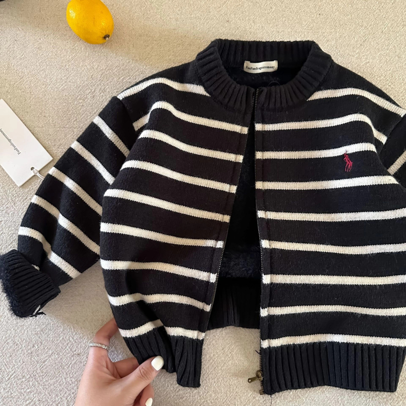 Pulover tricotat pentru copii, în dungi, gros, 90% bumbac, guler rotund, mâneci lungi