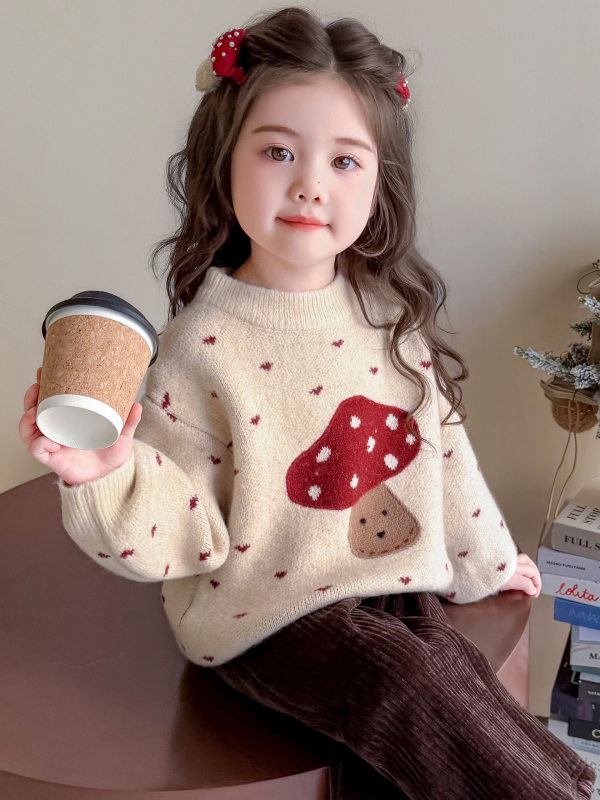 Pulover tricotat pentru copii, stil coreean, model desen animat, fir gros, 60% bumbac, guler rotund