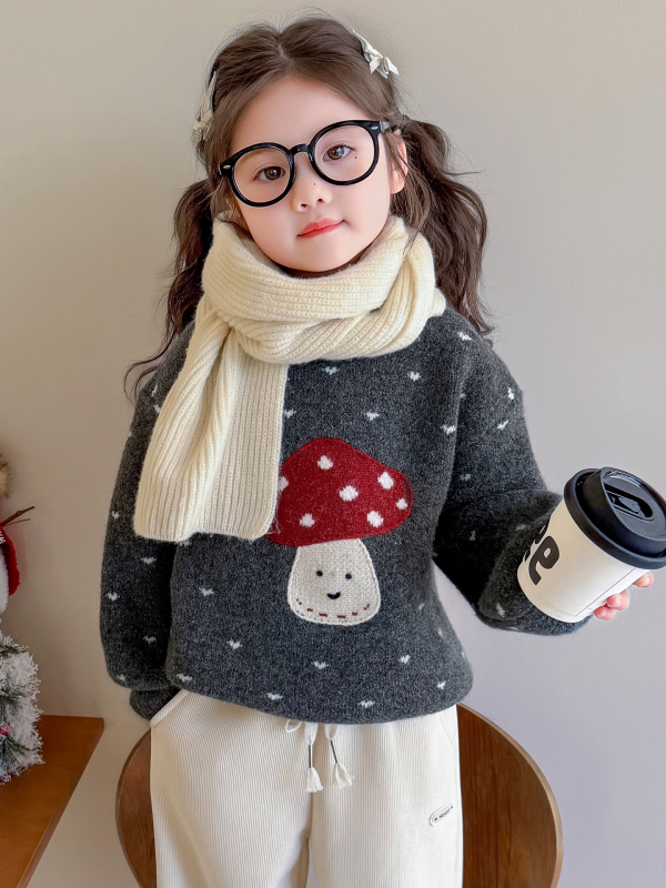 Pulover tricotat pentru copii, stil coreean, model desen animat, fir gros, 60% bumbac, guler rotund