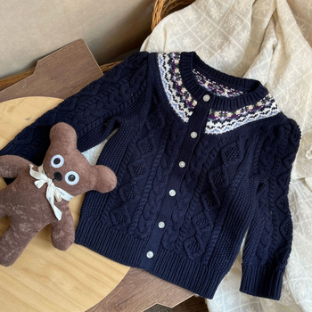 Cardigan pentru fete cu Fair Isle, din bumbac 100%, țesătură moale, mâneci lungi, guler rotund, iarnă 2025