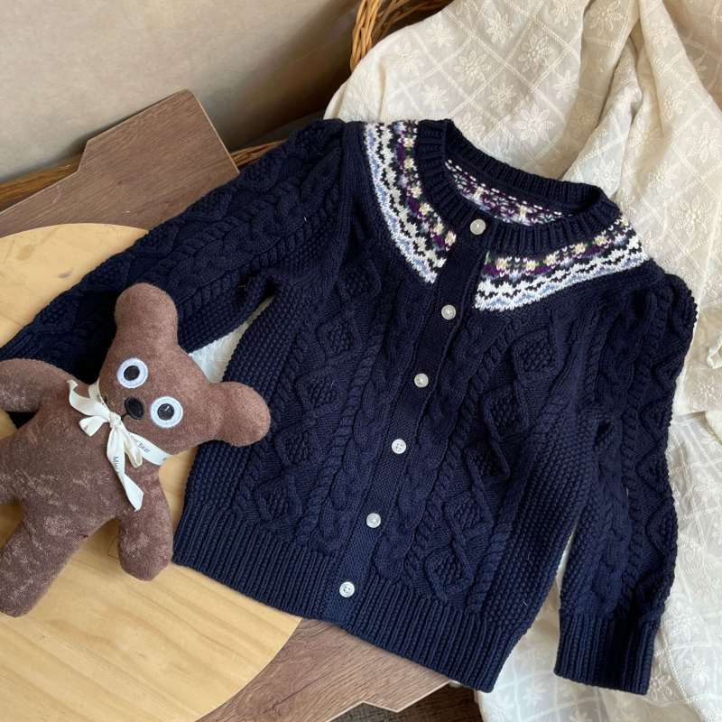 Cardigan pentru fete cu Fair Isle, din bumbac 100%, țesătură moale, mâneci lungi, guler rotund, iarnă 2025