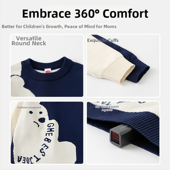 Pulover pentru copii cu mâneci lungi, guler rotund, model urs de desene animate, 67% bumbac