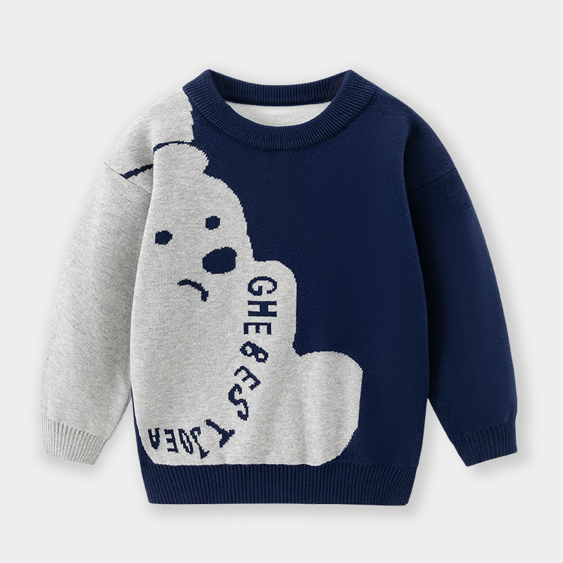 Pulover pentru copii cu mâneci lungi, guler rotund, model urs de desene animate, 67% bumbac