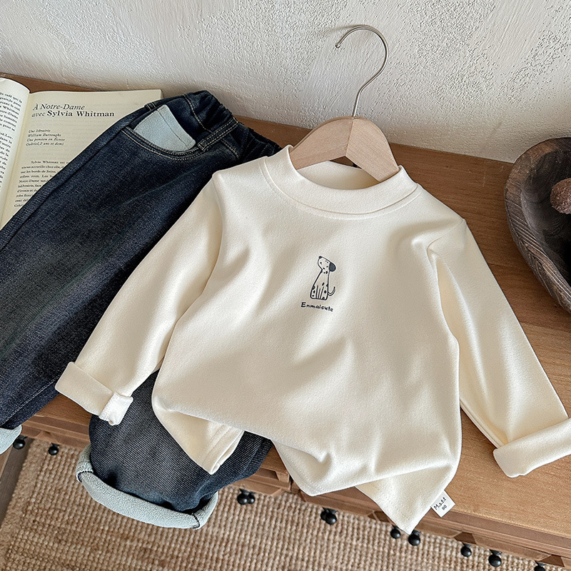 Top de bază din velur pentru băieți, cu mânecă lungă, model desen animat, stil coreean, iarnă 2025, pentru 3–8 ani