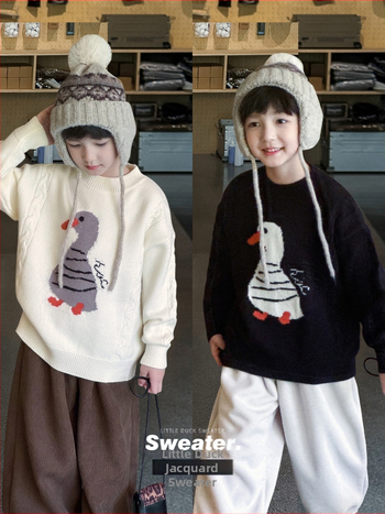 Pulover de iarnă pentru copii cu model jacquard de rață, material acrilic cu fleece Arctic, guler rotund, mâneci lungi, pentru copii cu vârsta 3–8 ani.