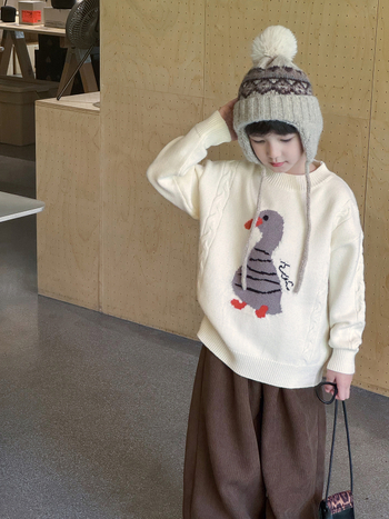 Pulover de iarnă pentru copii cu model jacquard de rață, material acrilic cu fleece Arctic, guler rotund, mâneci lungi, pentru copii cu vârsta 3–8 ani.