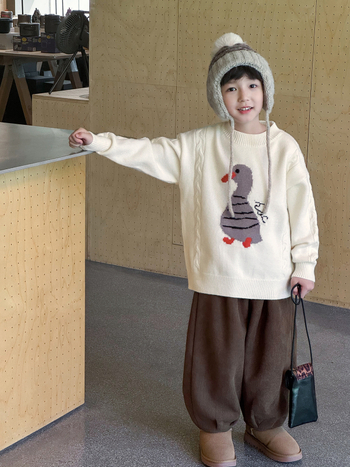 Pulover de iarnă pentru copii cu model jacquard de rață, material acrilic cu fleece Arctic, guler rotund, mâneci lungi, pentru copii cu vârsta 3–8 ani.