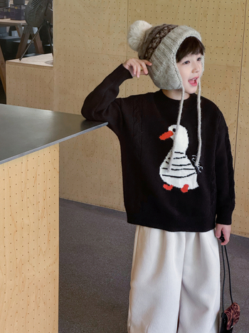 Pulover de iarnă pentru copii cu model jacquard de rață, material acrilic cu fleece Arctic, guler rotund, mâneci lungi, pentru copii cu vârsta 3–8 ani.