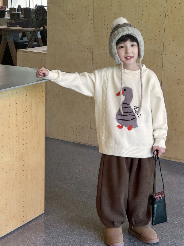 Pulover de iarnă pentru copii cu model jacquard de rață, material acrilic cu fleece Arctic, guler rotund, mâneci lungi, pentru copii cu vârsta 3–8 ani.