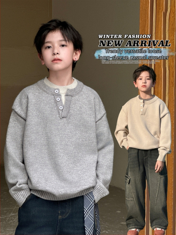 Pulover tricotat pentru copii, stil coreean, guler dublu stand-up cu nasturi, guler rotund, mâneci lungi, iarnă 2025