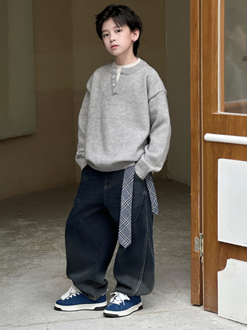 Pulover tricotat pentru copii, stil coreean, guler dublu stand-up cu nasturi, guler rotund, mâneci lungi, iarnă 2025