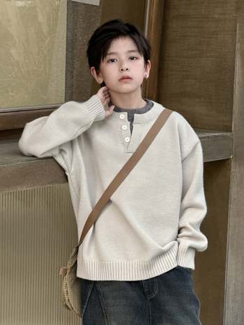 Pulover tricotat pentru copii, stil coreean, guler dublu stand-up cu nasturi, guler rotund, mâneci lungi, iarnă 2025
