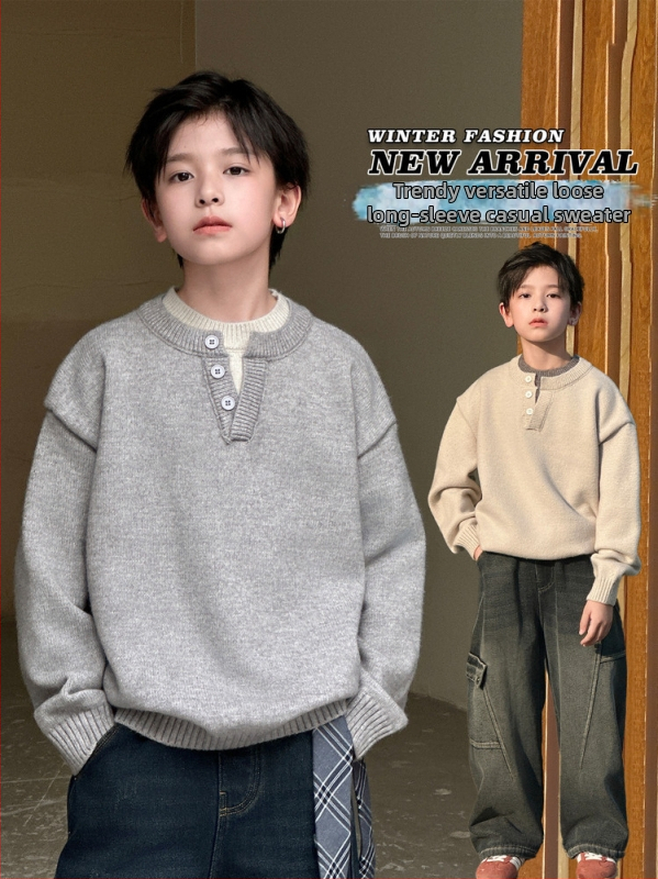 Pulover tricotat pentru copii, stil coreean, guler dublu stand-up cu nasturi, guler rotund, mâneci lungi, iarnă 2025
