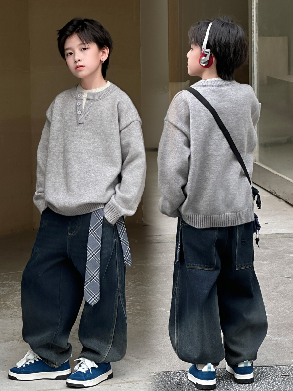 Pulover tricotat pentru copii, stil coreean, guler dublu stand-up cu nasturi, guler rotund, mâneci lungi, iarnă 2025