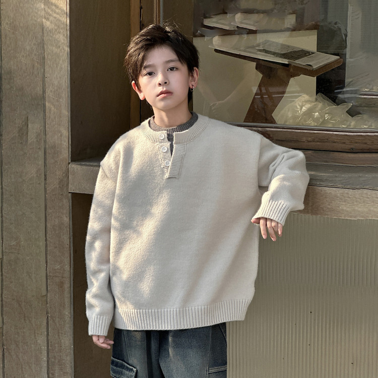 Pulover tricotat pentru copii, stil coreean, guler dublu stand-up cu nasturi, guler rotund, mâneci lungi, iarnă 2025