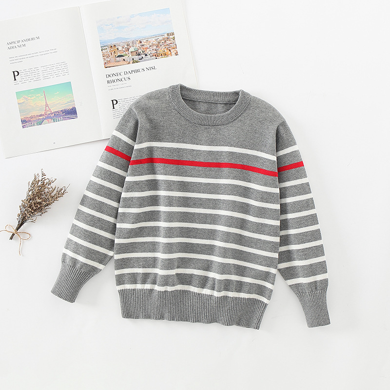 Pulover pentru copii din bumbac, cu dungi, mâneci lungi, guler rotund, tricot subțire