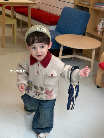 Pulover tricotat gros pentru băieți, cu model Cartoon (3–8 ani, iarnă/toamnă, 80% bumbac, mâneci lungi, pulover)