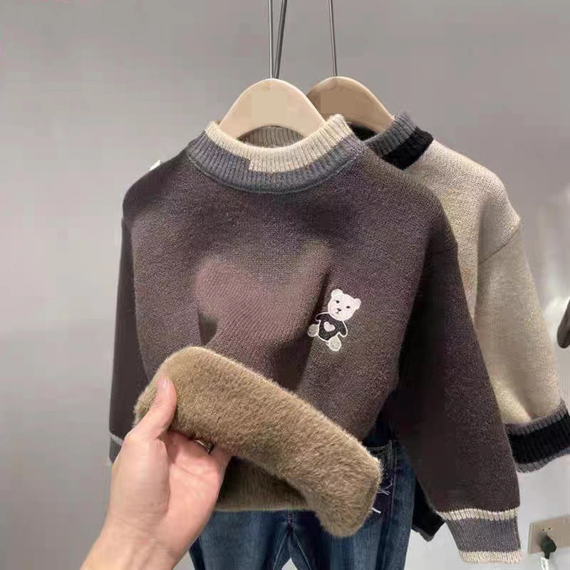 Pulover tricotat pentru copii, cu fleece integrat, guler rotund, material Vinylon, pentru copii de peste 8 ani