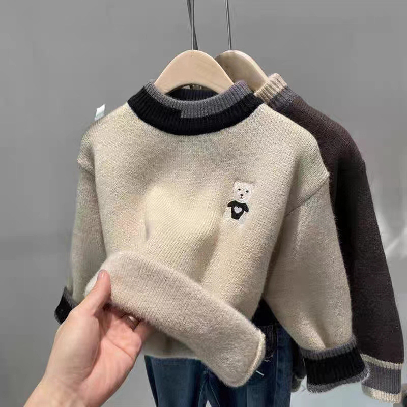 Pulover tricotat pentru copii, cu fleece integrat, guler rotund, material Vinylon, pentru copii de peste 8 ani