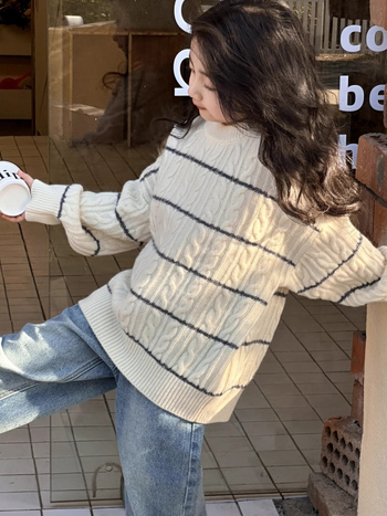 Pulover pentru fetițe, stil korean, tricot acrilic, dungi, guler rotund