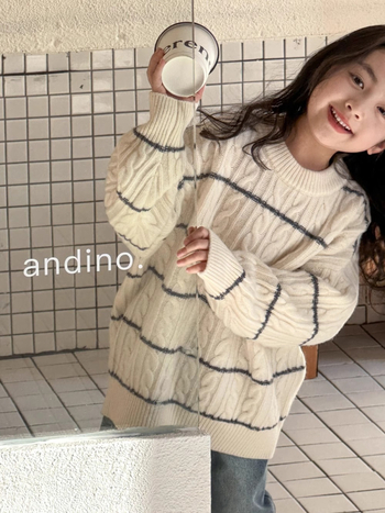 Pulover pentru fetițe, stil korean, tricot acrilic, dungi, guler rotund