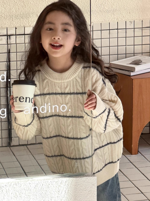 Pulover pentru fetițe, stil korean, tricot acrilic, dungi, guler rotund