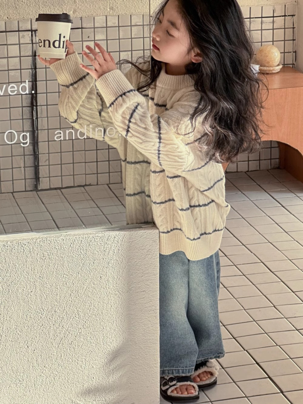 Pulover pentru fetițe, stil korean, tricot acrilic, dungi, guler rotund