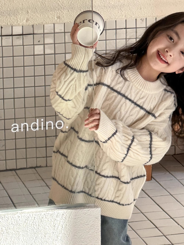 Pulover pentru fetițe, stil korean, tricot acrilic, dungi, guler rotund