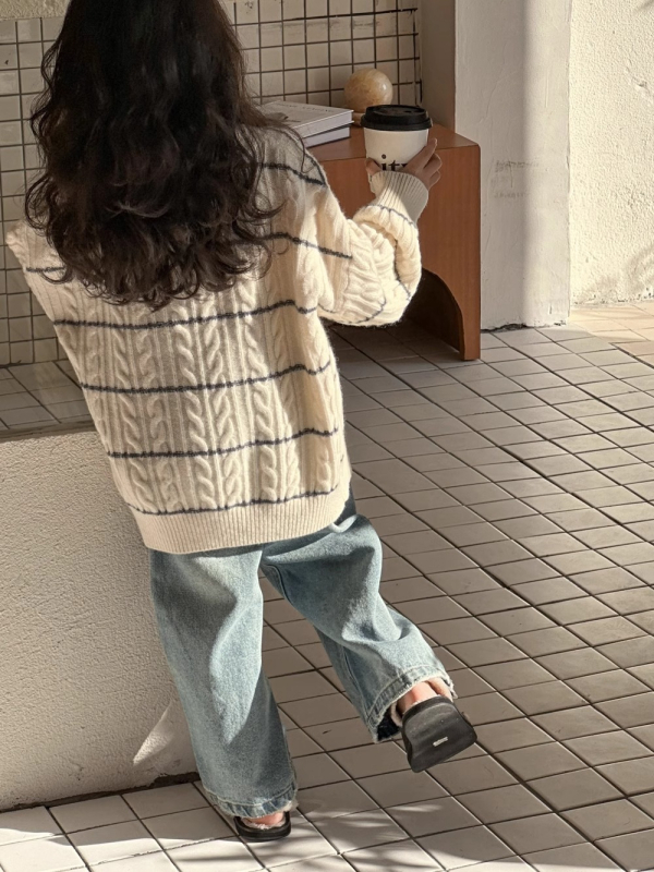 Pulover pentru fetițe, stil korean, tricot acrilic, dungi, guler rotund