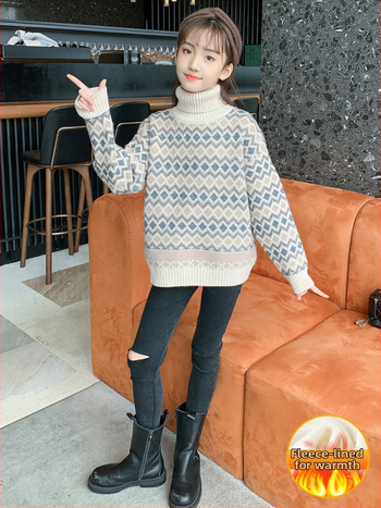 Pulover pentru fete în stil coreean, tricot dens, guler înalt, 95% poliester, mâneci lungi