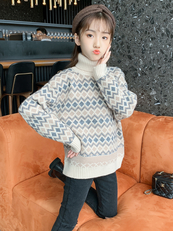 Pulover pentru fete în stil coreean, tricot dens, guler înalt, 95% poliester, mâneci lungi
