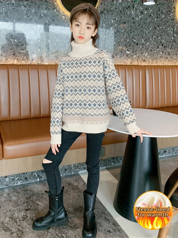 Pulover pentru fete în stil coreean, tricot dens, guler înalt, 95% poliester, mâneci lungi