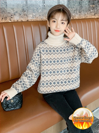 Pulover pentru fete în stil coreean, tricot dens, guler înalt, 95% poliester, mâneci lungi