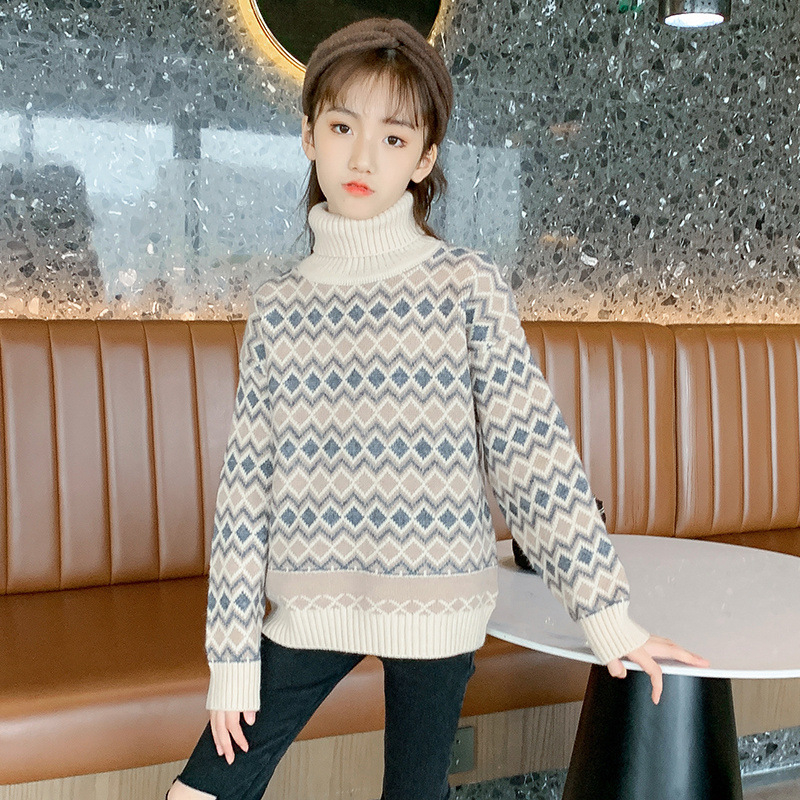 Pulover pentru fete în stil coreean, tricot dens, guler înalt, 95% poliester, mâneci lungi