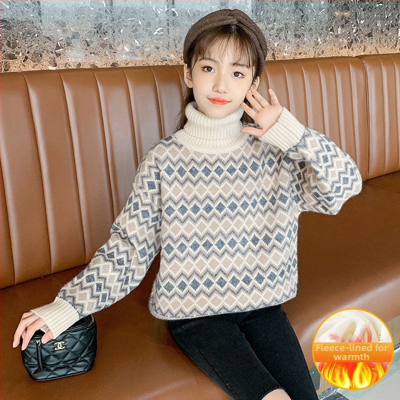 Pulover pentru fete în stil coreean, tricot dens, guler înalt, 95% poliester, mâneci lungi