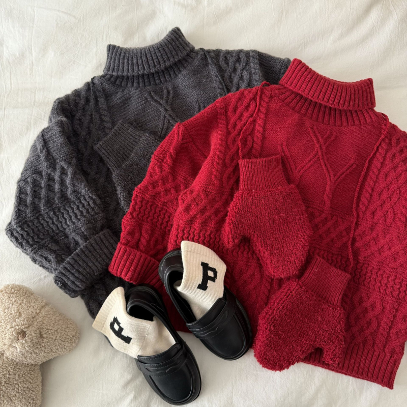 Pulover pentru copii, stil coreean, guler semi-turtleneck, bumbac moale 80%, mâneci lungi, iarnă 2025
