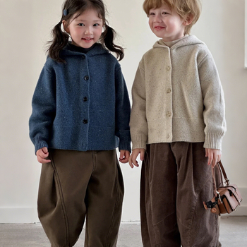 Cardigan tricotat cu glugă pentru copii, pentru băieți, stil coreean, mâneci lungi, tricot poliester, iarna 2025
