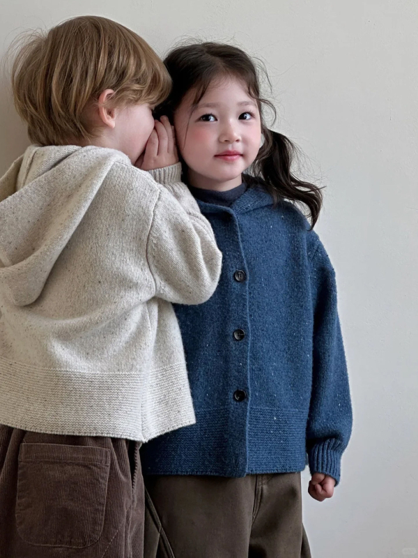 Cardigan tricotat cu glugă pentru copii, pentru băieți, stil coreean, mâneci lungi, tricot poliester, iarna 2025