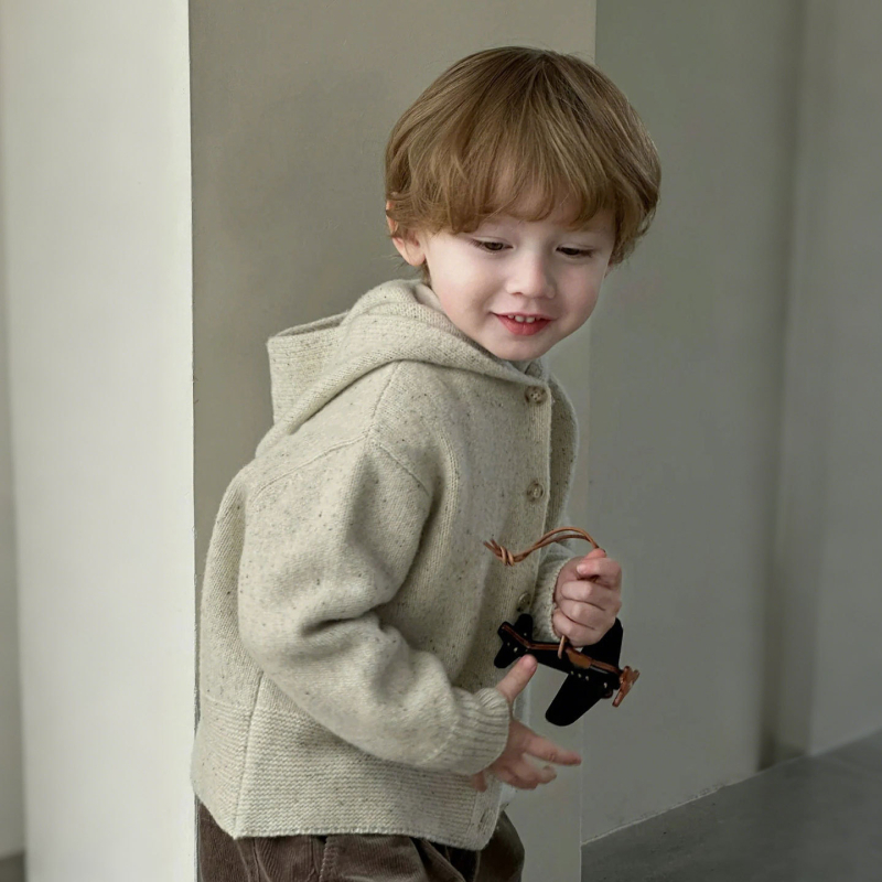 Cardigan tricotat cu glugă pentru copii, pentru băieți, stil coreean, mâneci lungi, tricot poliester, iarna 2025