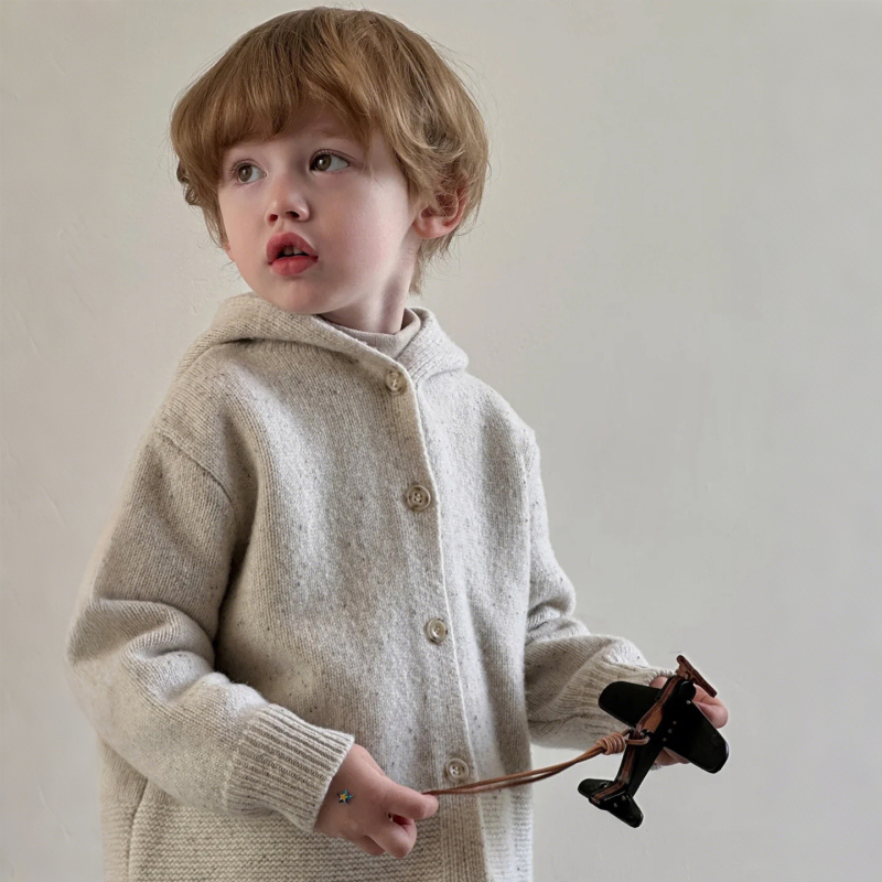 Cardigan tricotat cu glugă pentru copii, pentru băieți, stil coreean, mâneci lungi, tricot poliester, iarna 2025