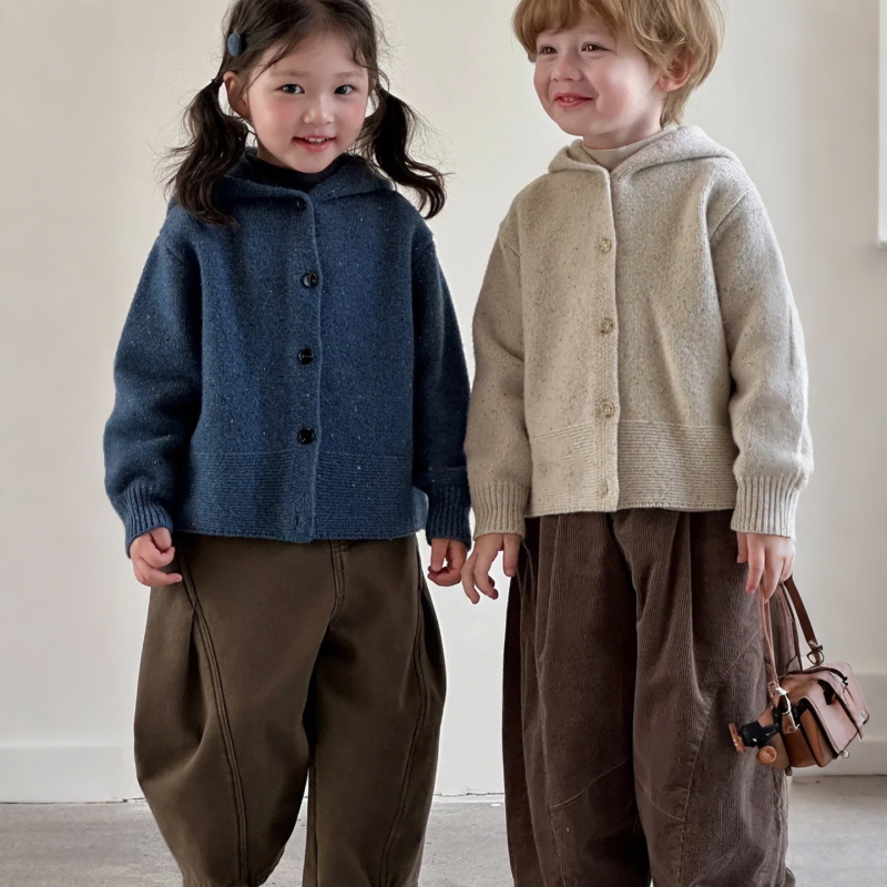Cardigan tricotat cu glugă pentru copii, pentru băieți, stil coreean, mâneci lungi, tricot poliester, iarna 2025