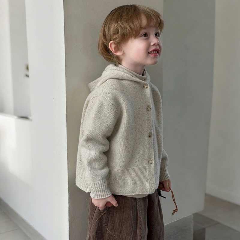 Cardigan tricotat cu glugă pentru copii, pentru băieți, stil coreean, mâneci lungi, tricot poliester, iarna 2025
