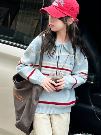 Pulover tricotat pentru fete, cu dungi și guler rever, mânecă lungă, pulover, bumbac peste 65%, toamna 2025