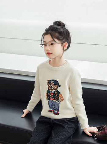 Pulover tricotat din bumbac pentru copii, cu broderie ursuleț, guler rotund, mâneci lungi, potrivit pentru toamnă și iarnă