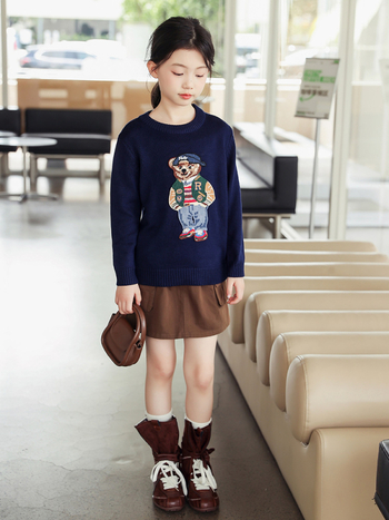 Pulover tricotat din bumbac pentru copii, cu broderie ursuleț, guler rotund, mâneci lungi, potrivit pentru toamnă și iarnă