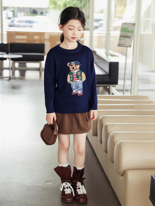 Pulover tricotat din bumbac pentru copii, cu broderie ursuleț, guler rotund, mâneci lungi, potrivit pentru toamnă și iarnă