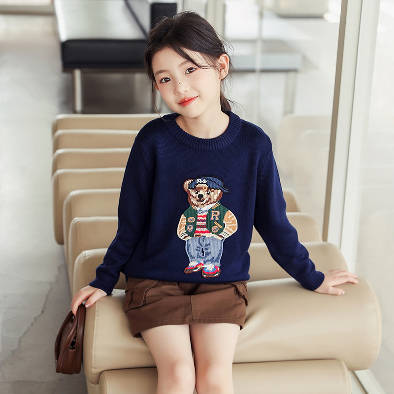 Pulover tricotat din bumbac pentru copii, cu broderie ursuleț, guler rotund, mâneci lungi, potrivit pentru toamnă și iarnă