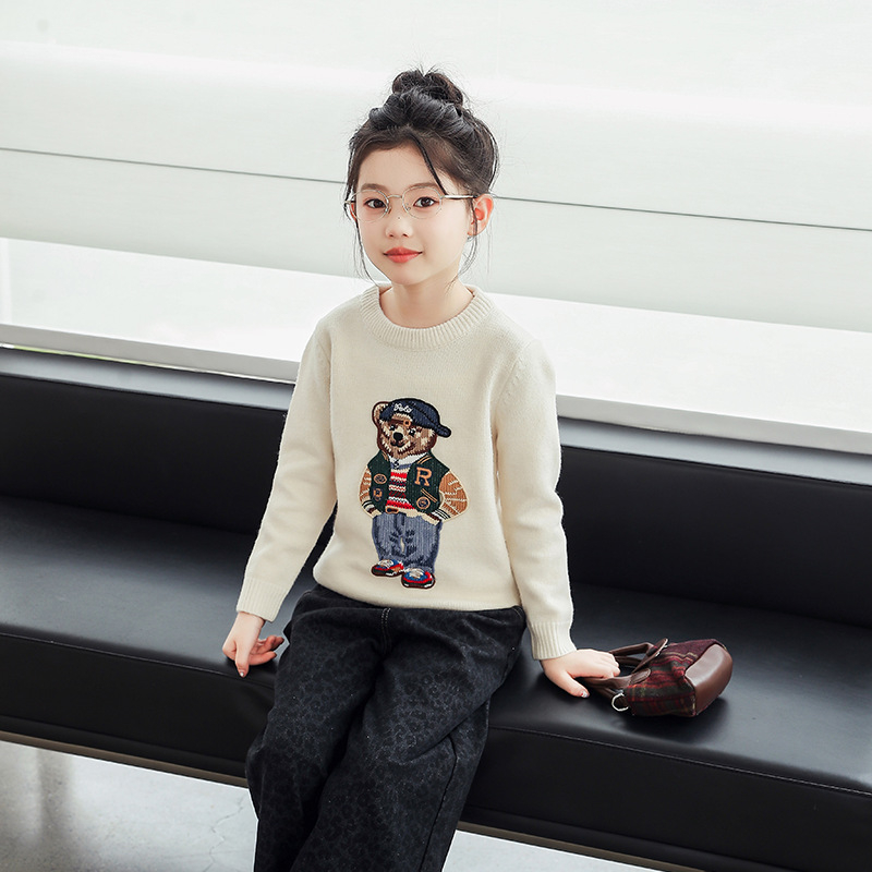 Pulover tricotat din bumbac pentru copii, cu broderie ursuleț, guler rotund, mâneci lungi, potrivit pentru toamnă și iarnă